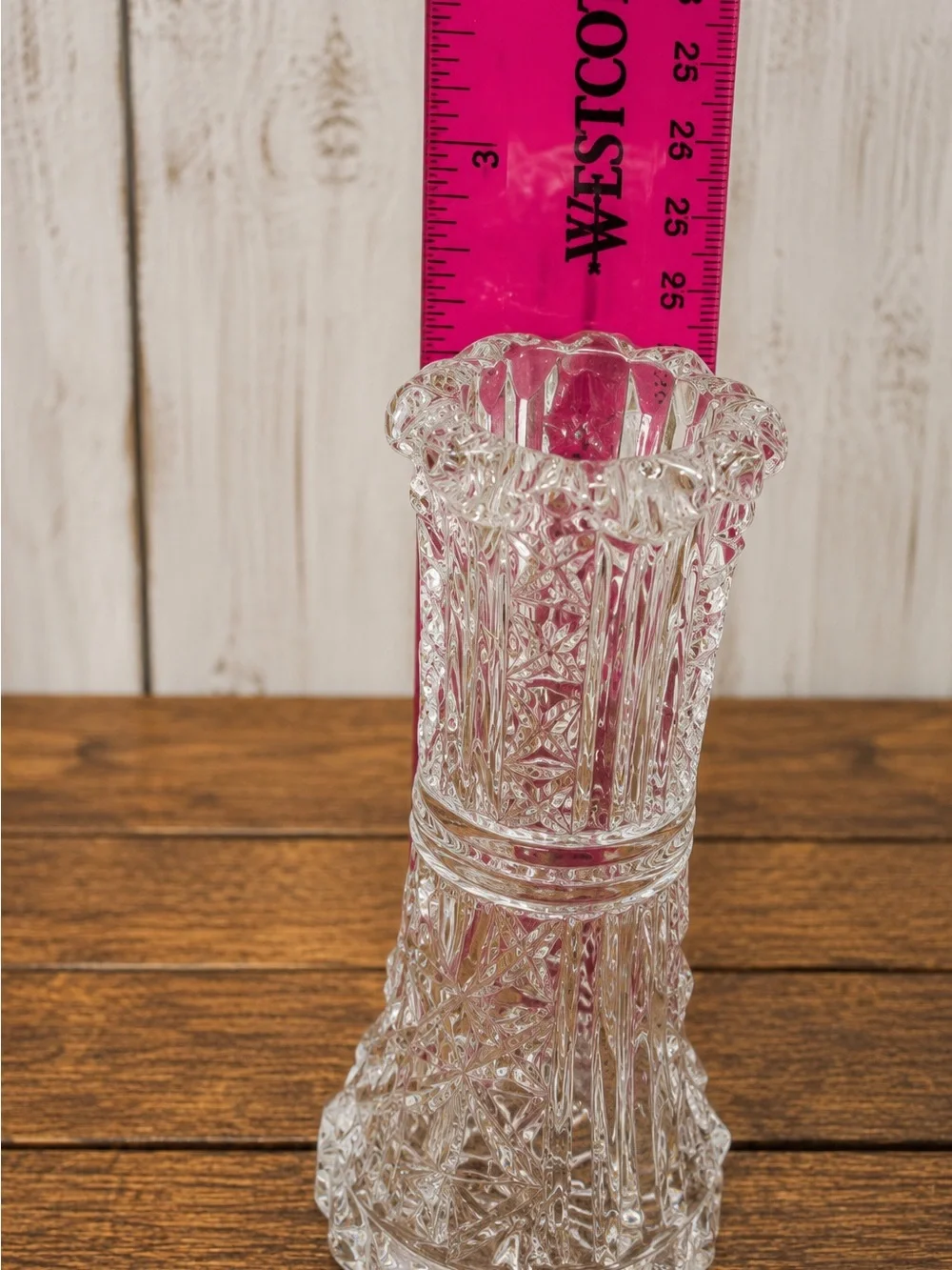 Vintage Clear Cut Glass Bud Vase Starburst Fan Pattern Scalloped Rim 6.5 Inch